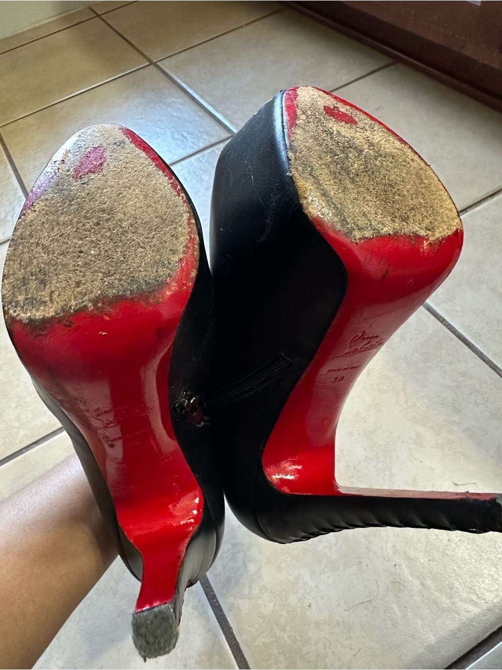 Black Peep-Toe High Heel Booties with Red Sole - Picture 4 of 6